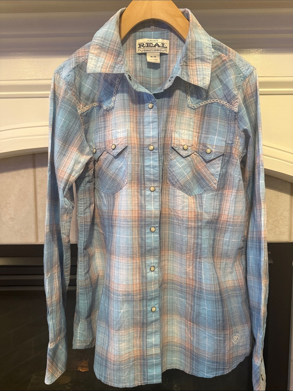 Ariat Blue and Peach Plaid Button-Down Western Shirt